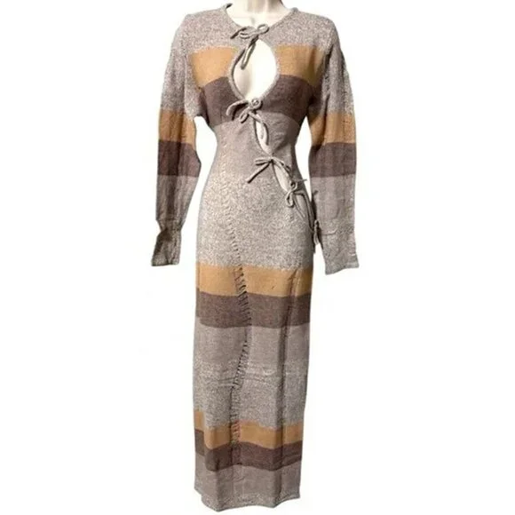 PrettyLittleThing XS Mocha Tie Front Distressed Knit Bardot Maxi Dress - Picture 2 of 6